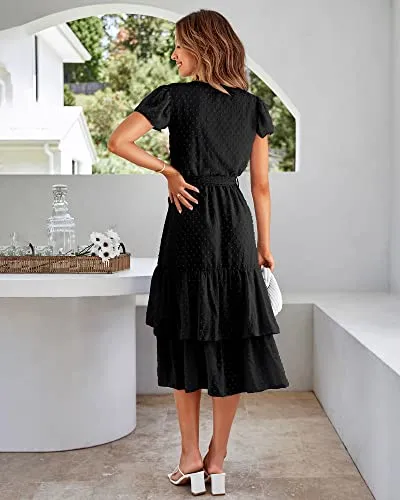 BTFBM Women Casual V Neck Dresses Boho Short Sleeve Chiffon Swiss Dot Belted Ruffle Wrap 2023 Summer Wedding Party Dress(Swiss Dot Black, Large)