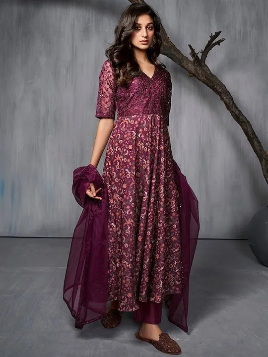 Burgundy Ethnic Motifs Printed Sequined A-Line Kurta With Trousers & Dupatta