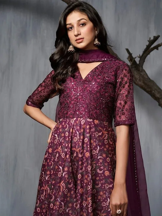 Burgundy Ethnic Motifs Printed Sequined A-Line Kurta With Trousers & Dupatta