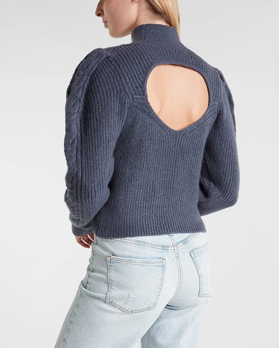 Cable Knit Puff Sleeve Open Back Sweater in Blue Diamond