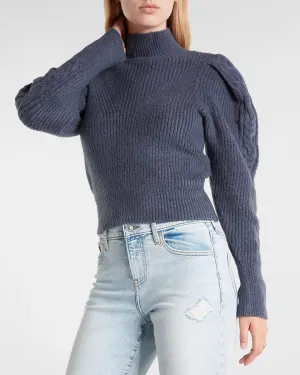 Cable Knit Puff Sleeve Open Back Sweater in Blue Diamond