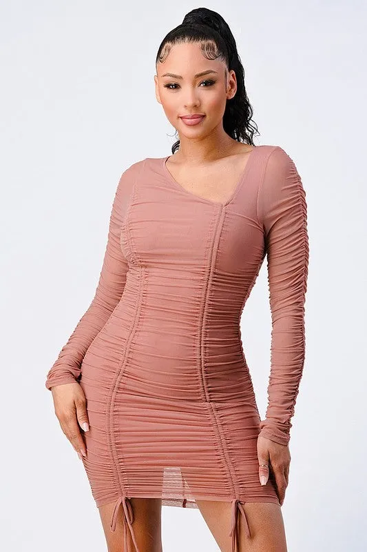 CHIC MESH ASYMMETRICAL NECK RUCHED MINI DRESS