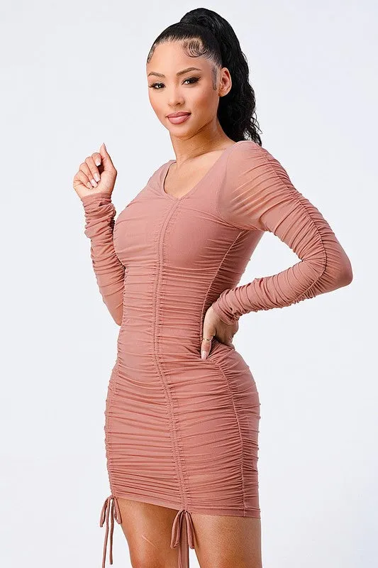 CHIC MESH ASYMMETRICAL NECK RUCHED MINI DRESS