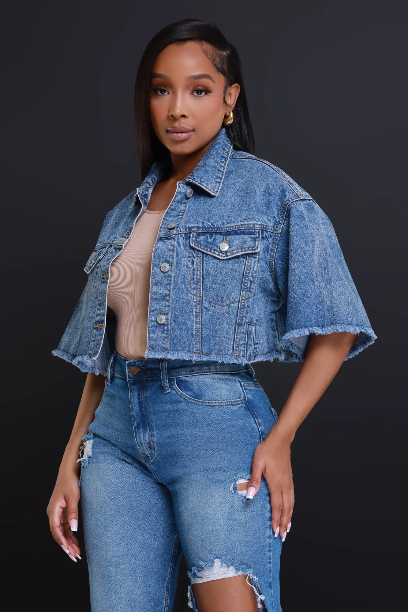 Click Short Sleeve Cropped Denim Jacket  - Medium Wash