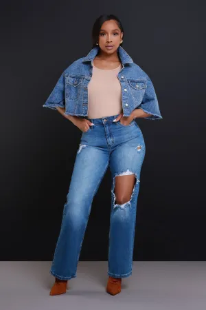 Click Short Sleeve Cropped Denim Jacket  - Medium Wash