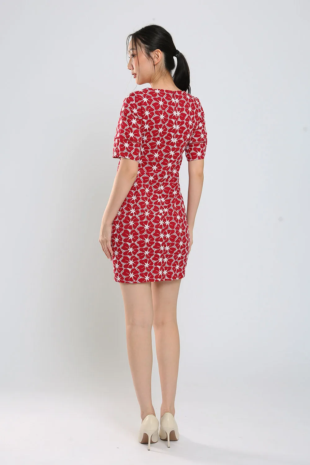 Corey Midi Dress in Red Eyelet