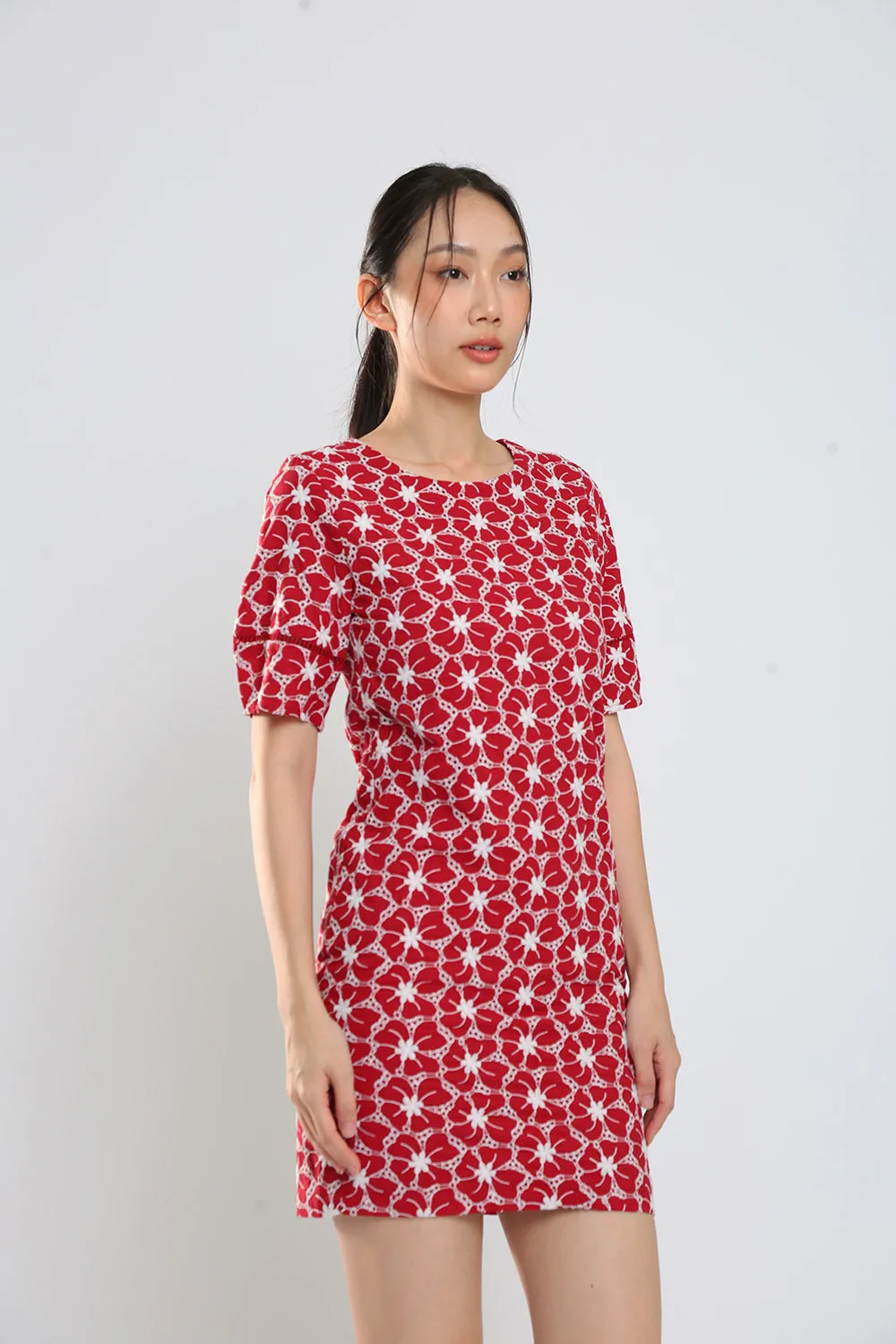 Corey Midi Dress in Red Eyelet