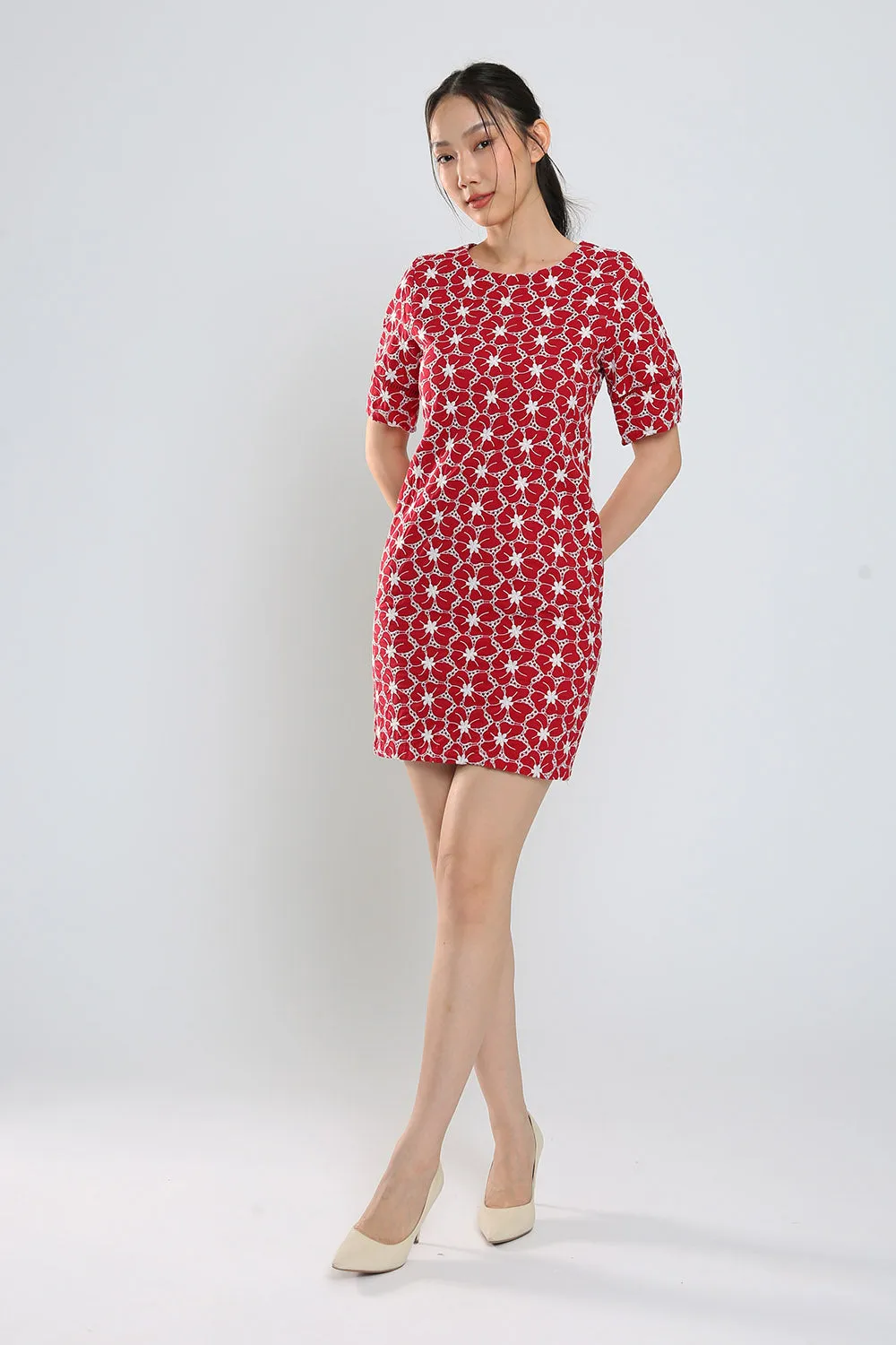 Corey Midi Dress in Red Eyelet