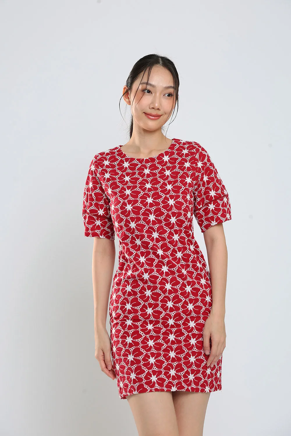 Corey Midi Dress in Red Eyelet