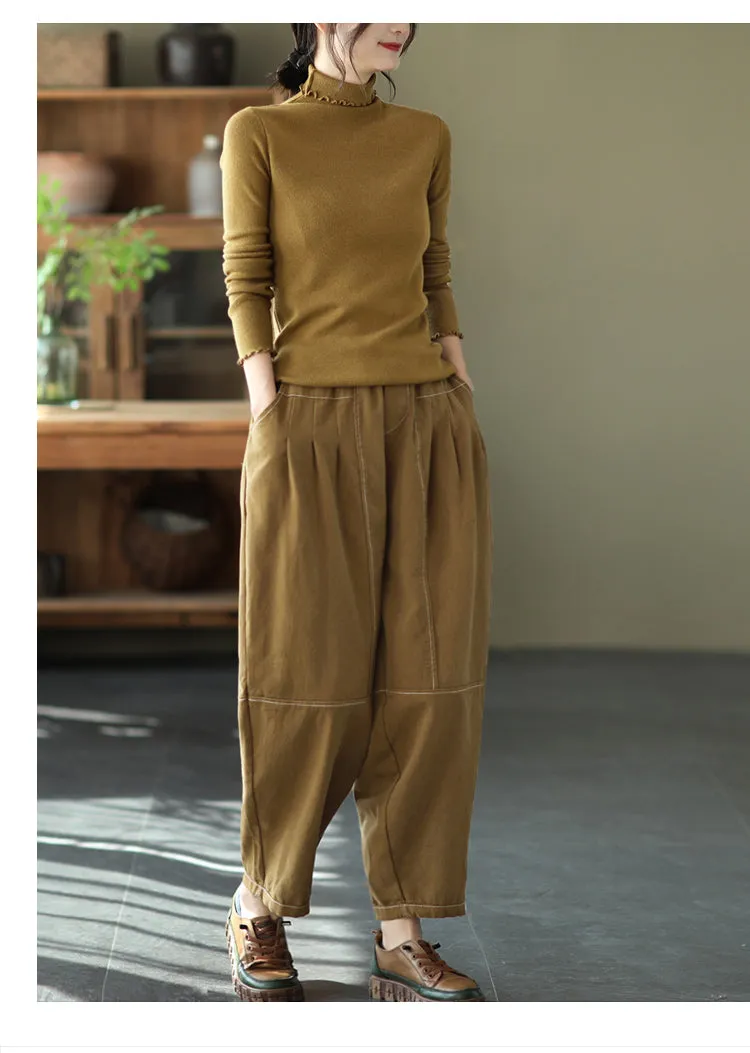 Cotton Pants for Women, Black Harm Pants, Brown Pocket Pant