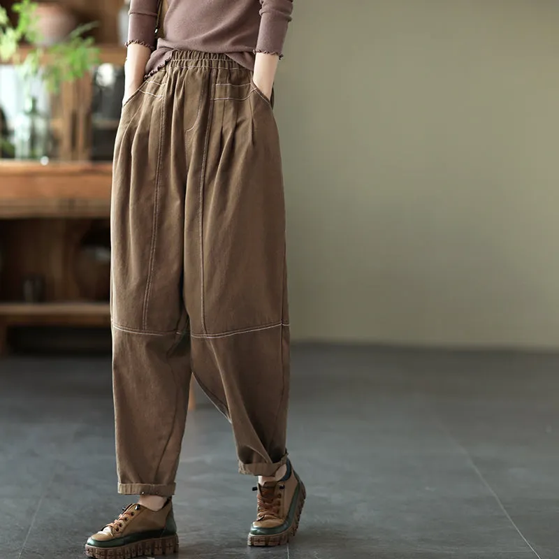 Cotton Pants for Women, Black Harm Pants, Brown Pocket Pant