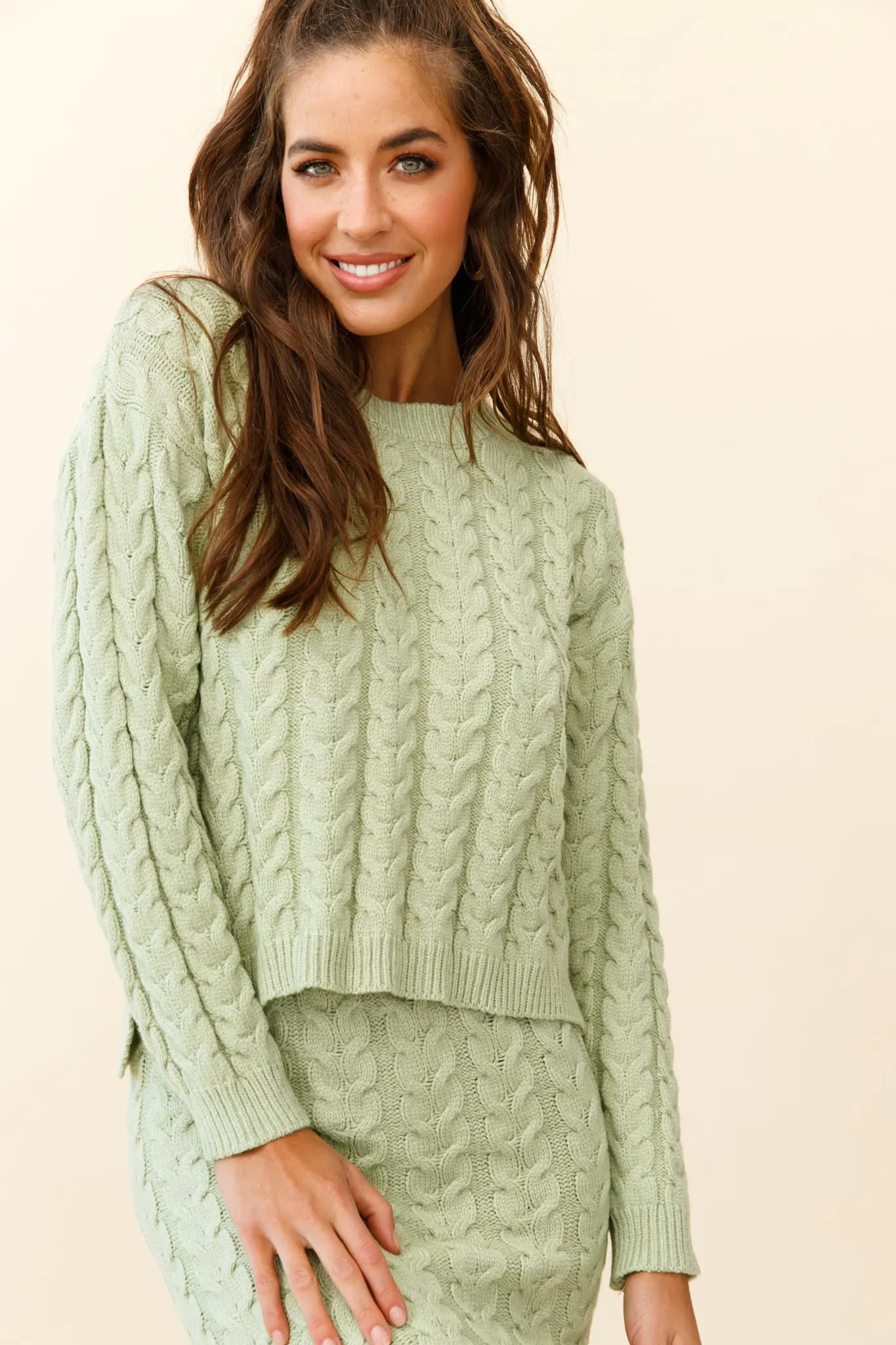 Cozy Up Cable Knit Midi Skirt Green