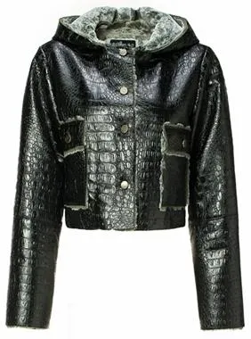 Crocodile-Effect Fur-Lined Cropped Jacket