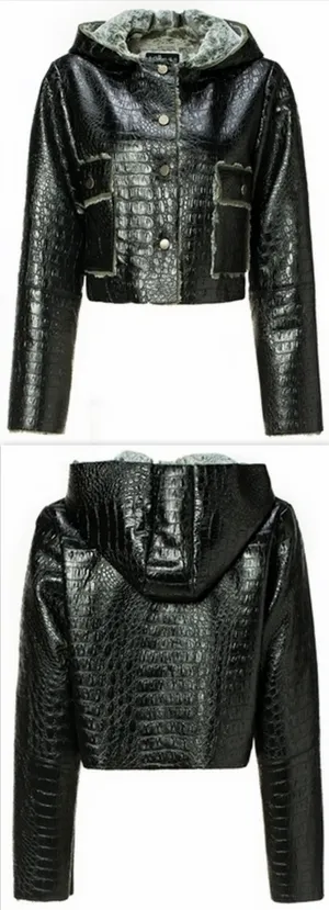 Crocodile-Effect Fur-Lined Cropped Jacket