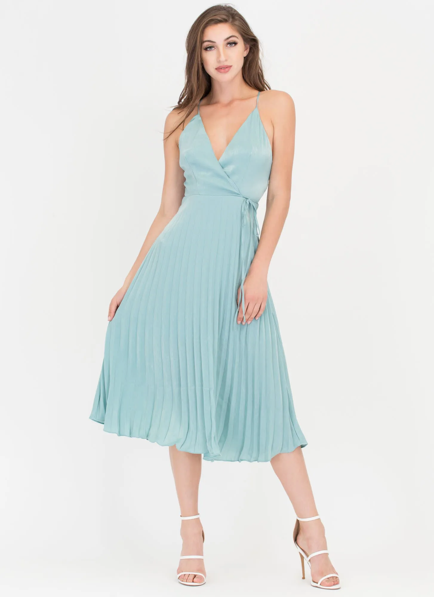 Cross Me Plunging 'N Pleated Satin Dress