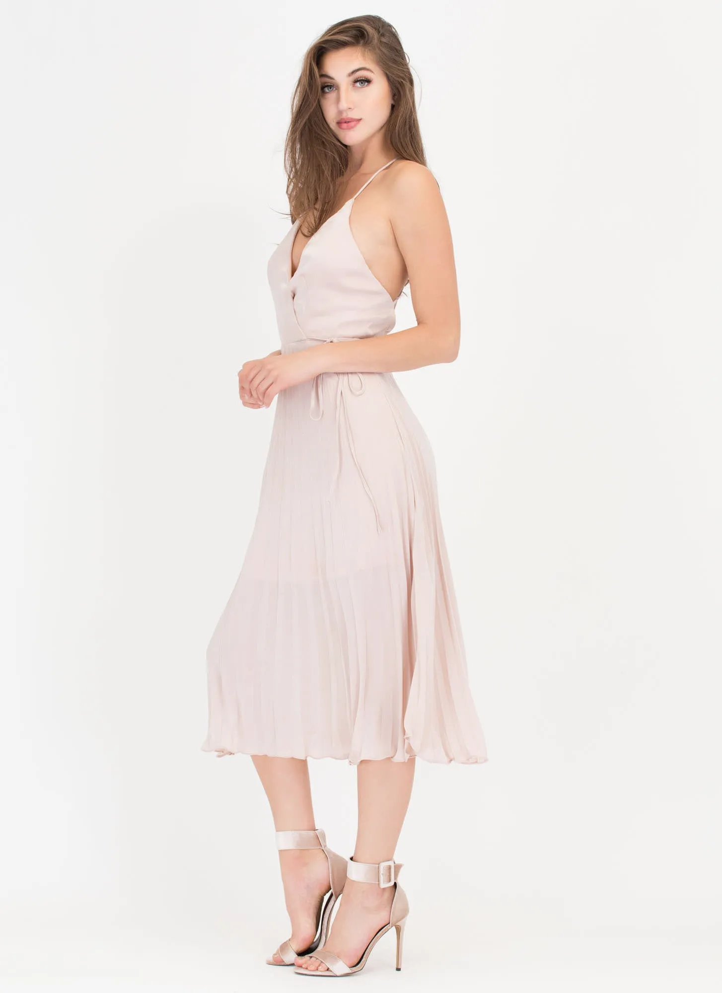 Cross Me Plunging 'N Pleated Satin Dress