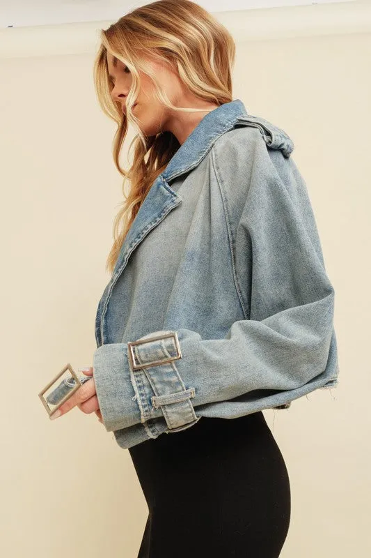 Denim Wash Cropped Denim Buckled Jacket