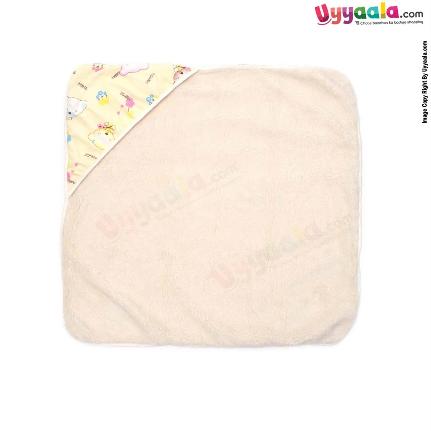 Double Layered (2 Ply) Hooded Blanket One Side Fur & Another Side Velvet with Teddy & Flowers Print for Babies 0-24m Age, Size(74*74cm)- Light Yellow