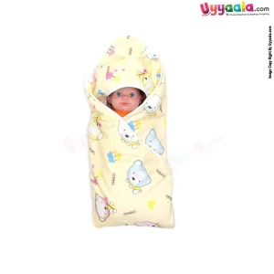 Double Layered (2 Ply) Hooded Blanket One Side Fur & Another Side Velvet with Teddy & Flowers Print for Babies 0-24m Age, Size(74*74cm)- Light Yellow