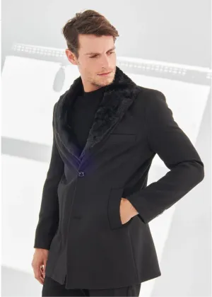 [Edwardo] Black Single-Breasted Pea Coat with Removable Fur