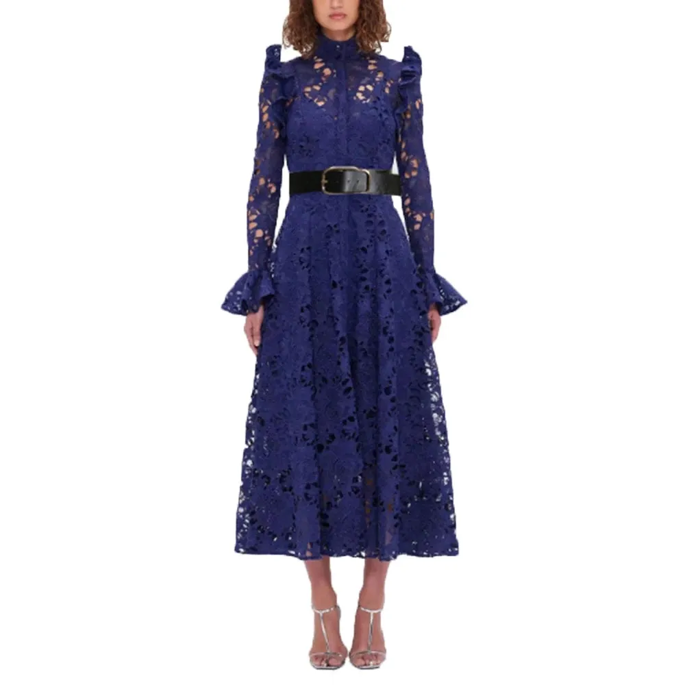 Elegant Hollow Out Lace Dresses For Women Stand Collar Flare Sleeve High Waist Patchwork Belt  A Line Folds Dress Female