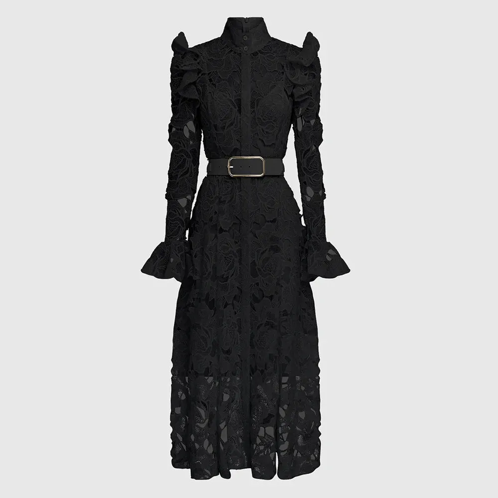 Elegant Hollow Out Lace Dresses For Women Stand Collar Flare Sleeve High Waist Patchwork Belt  A Line Folds Dress Female