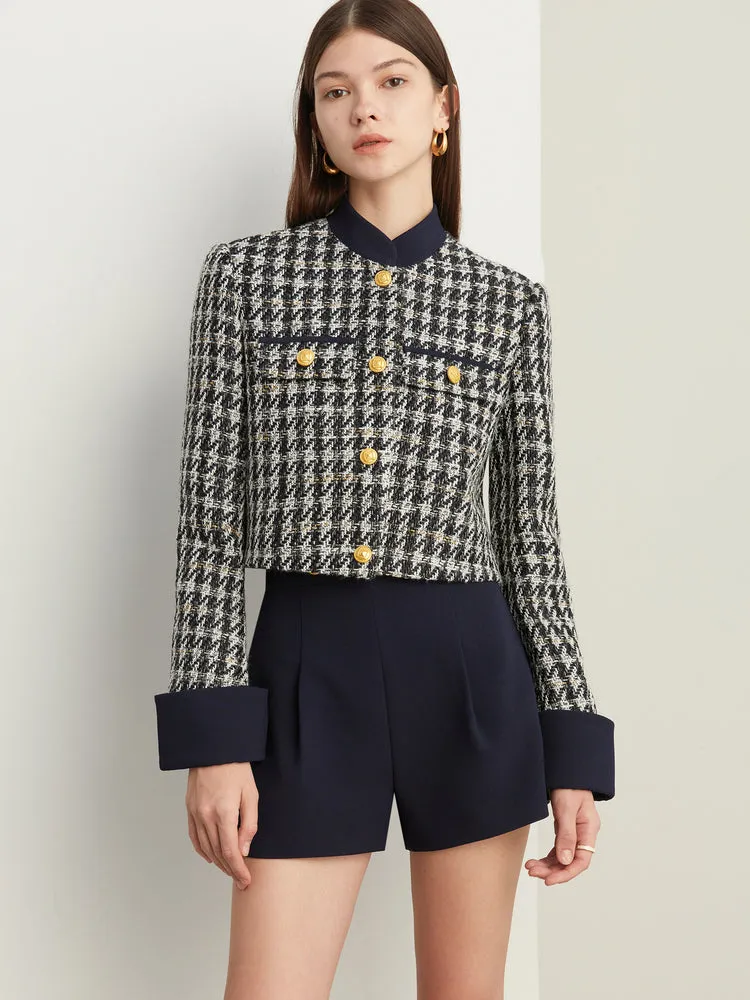 Elegant Luxury Blue White Houndstooth Tweed Short Coat shorts - Cuils