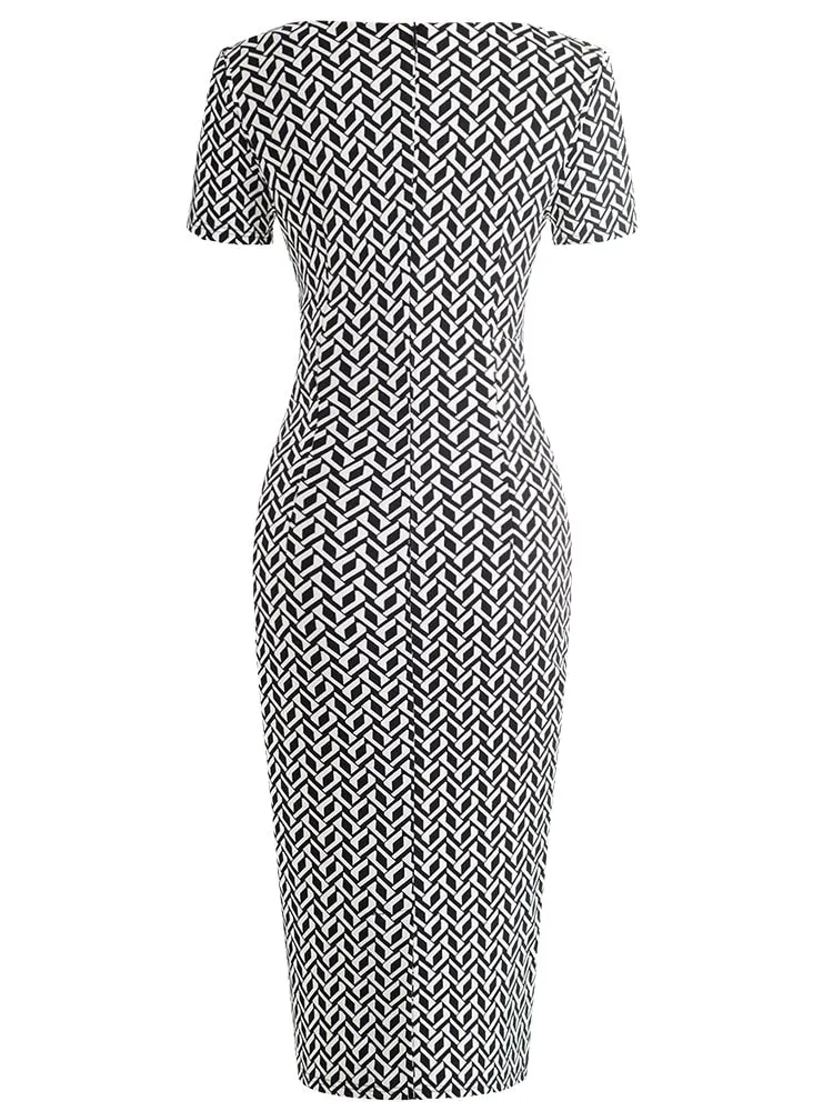 Elegant Vintage Geometric Bodycon Dress for Workwear