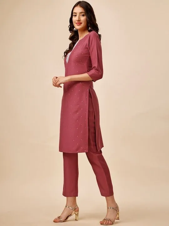 Ethnic Embellished Yoke Design Straight Kurta with Trousers