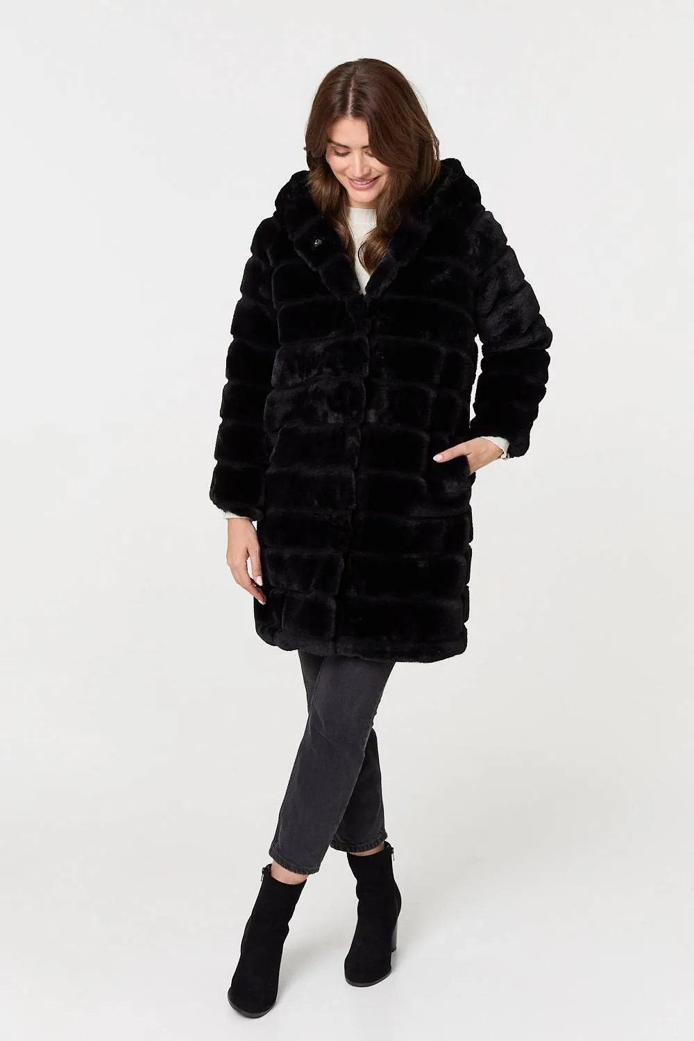 Faux Fur Thigh Length Hooded Jacket