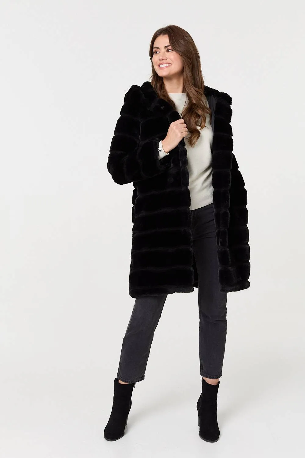 Faux Fur Thigh Length Hooded Jacket