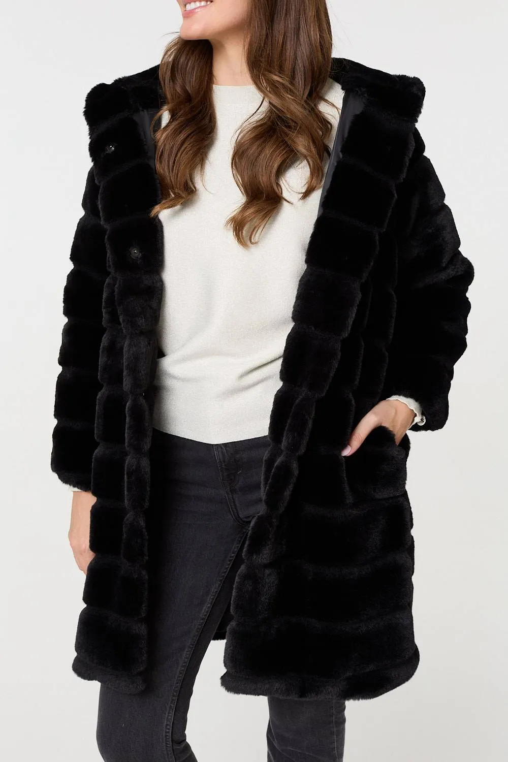 Faux Fur Thigh Length Hooded Jacket