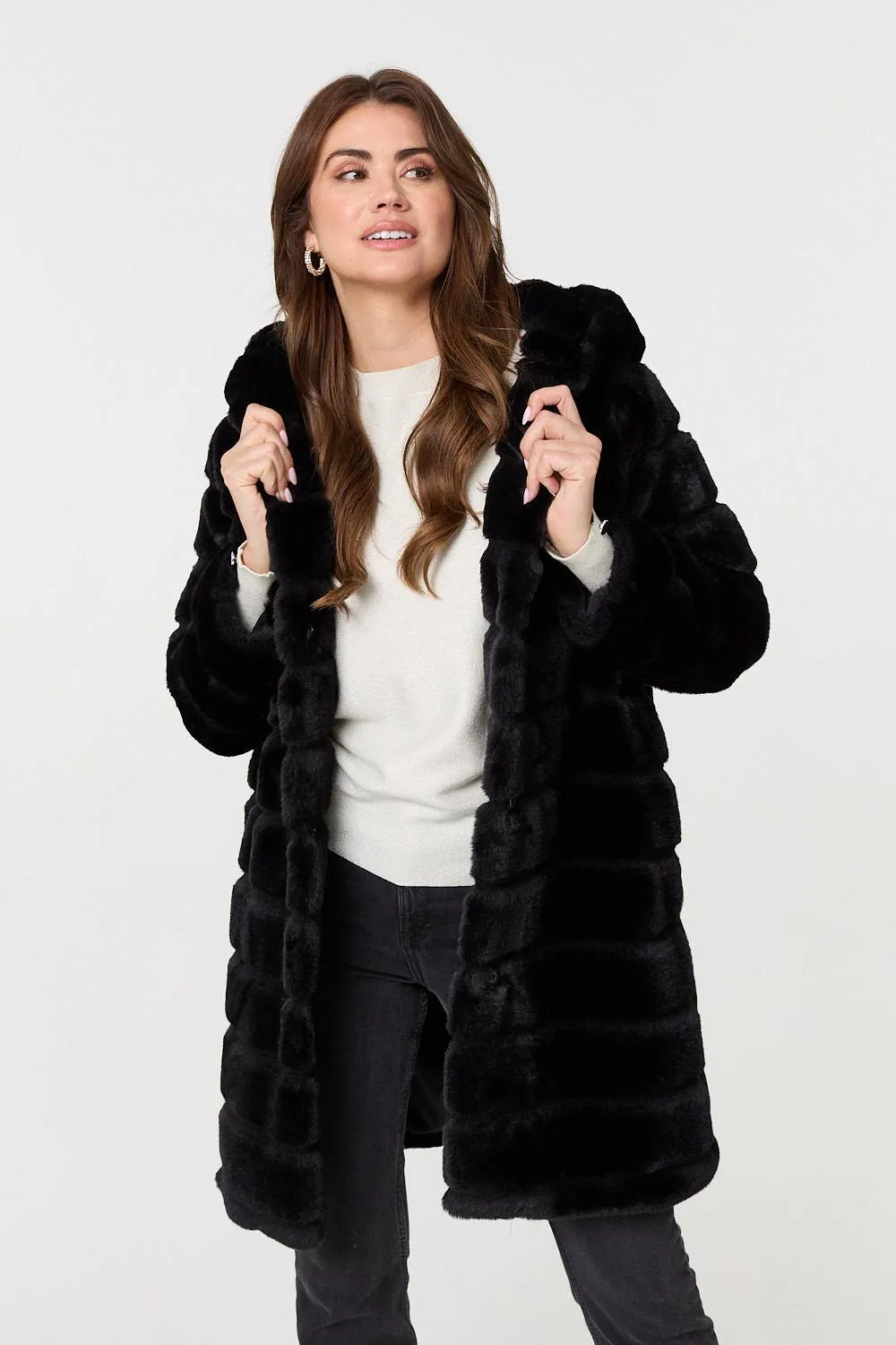 Faux Fur Thigh Length Hooded Jacket