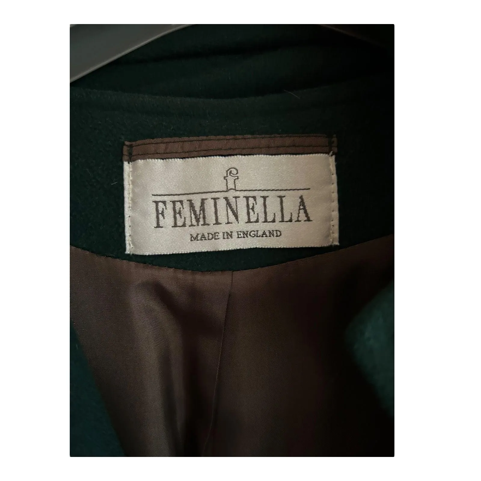 Feminella Cashmere Wool Blend Long Sleeved Bottle Green Long Coat UK size 18