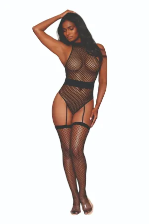 Fence Net Garter Teddy Bodystocking with Belt & Stockings