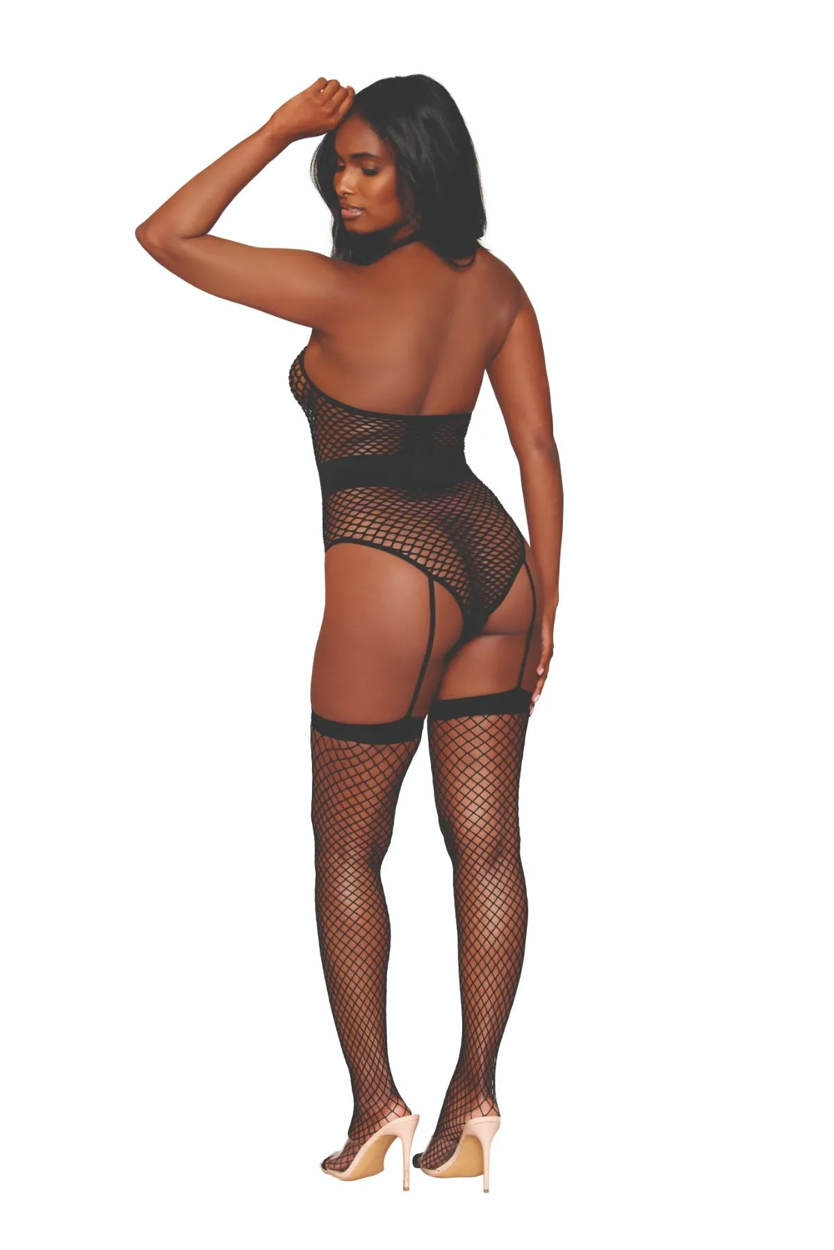 Fence Net Garter Teddy Bodystocking with Belt & Stockings