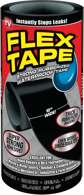 Flex Tape TFSBLKR0805 Tape, 5 ft L, 8 in W, Rubber Backing :ROLL: QUANTITY: 1