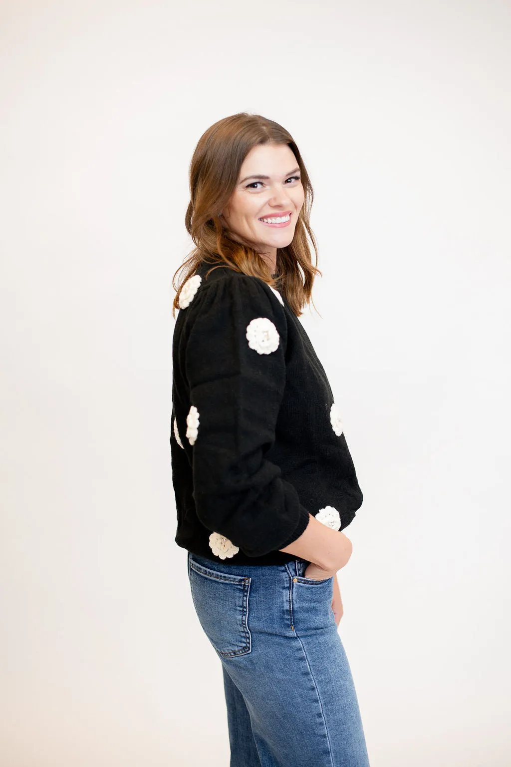 Floral Embroidered Pearl Detail Sweater - Black