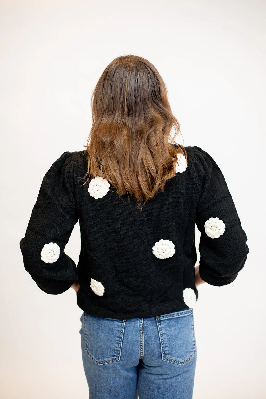 Floral Embroidered Pearl Detail Sweater - Black