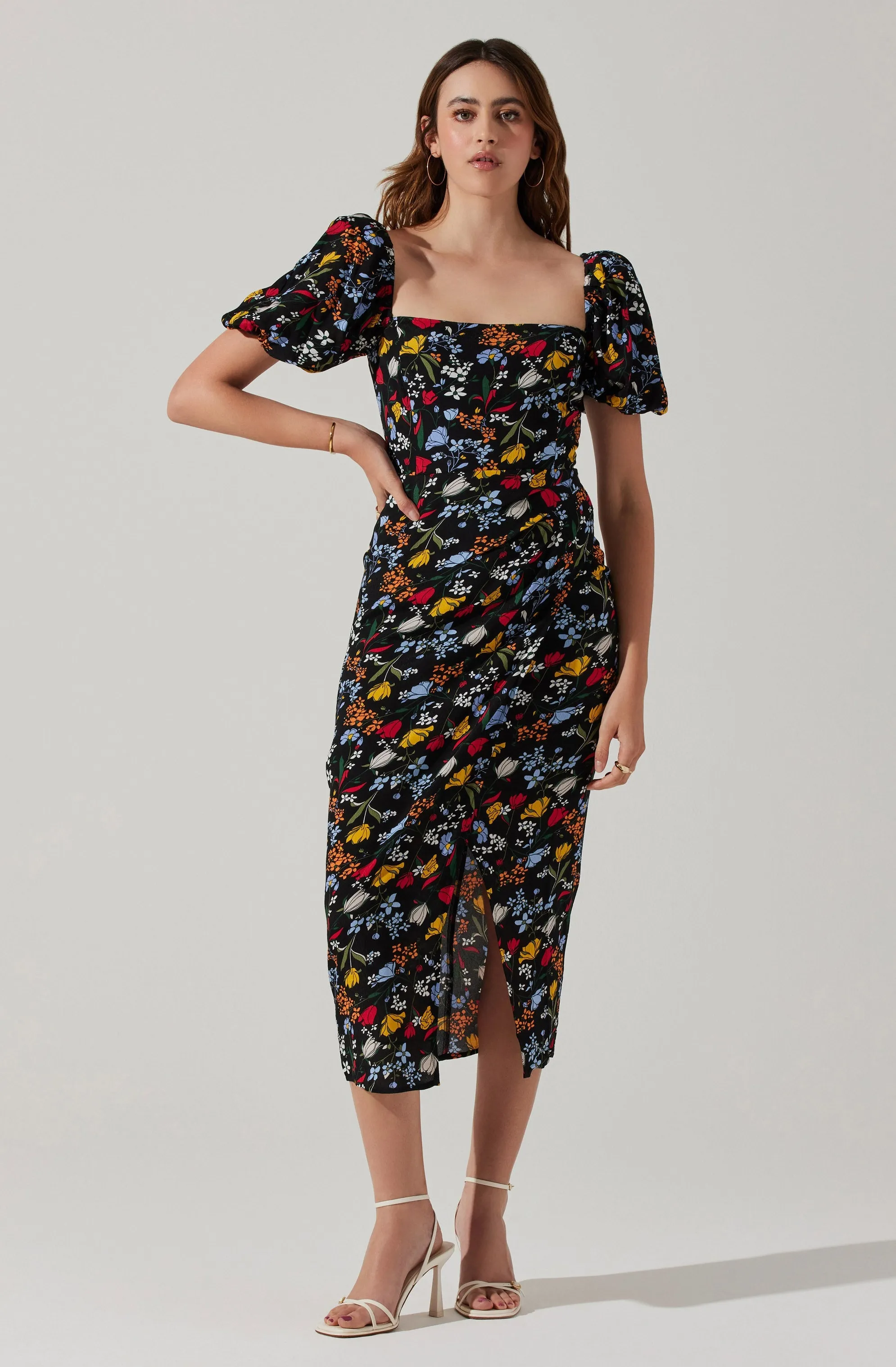 Floral Square Neck Slit Front Midi Dress