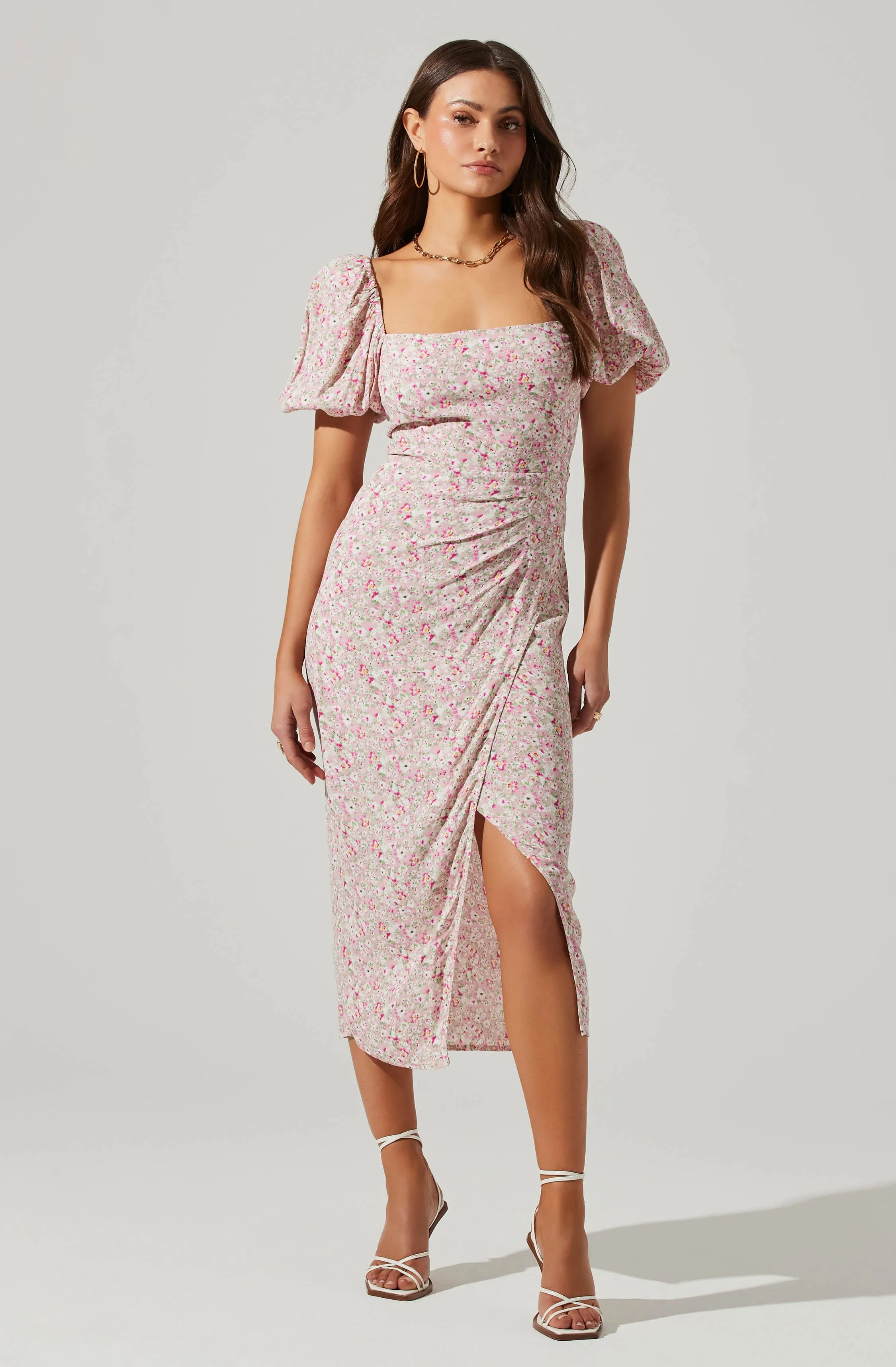 Floral Square Neck Slit Front Midi Dress