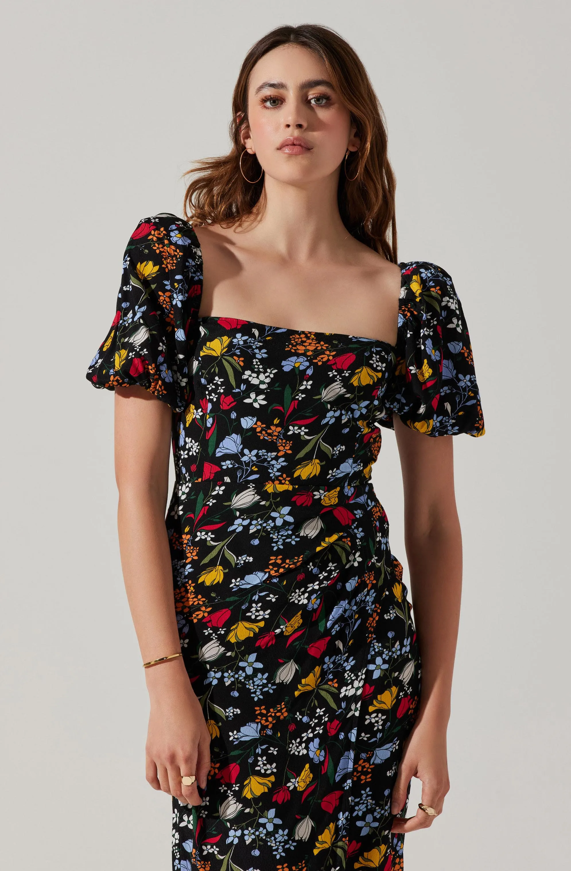 Floral Square Neck Slit Front Midi Dress