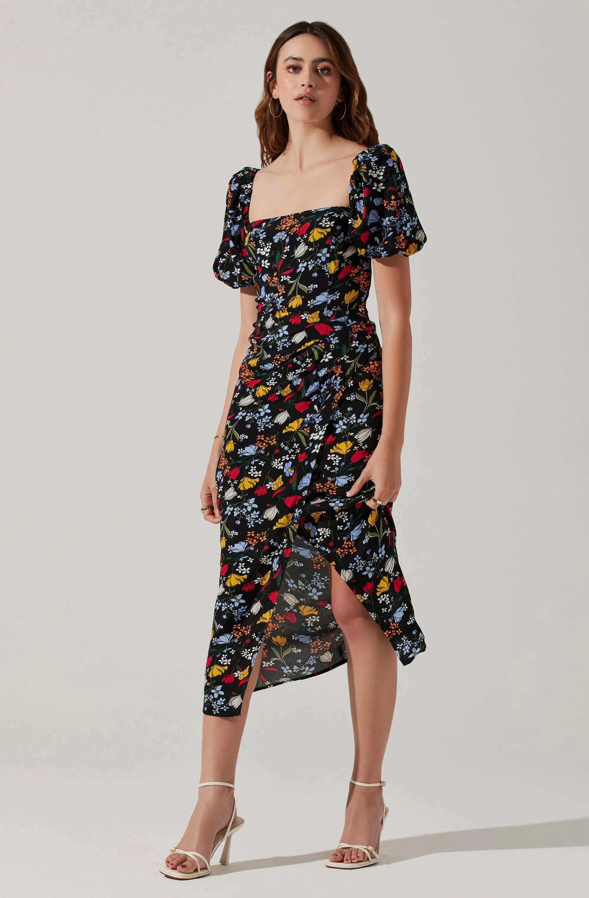 Floral Square Neck Slit Front Midi Dress