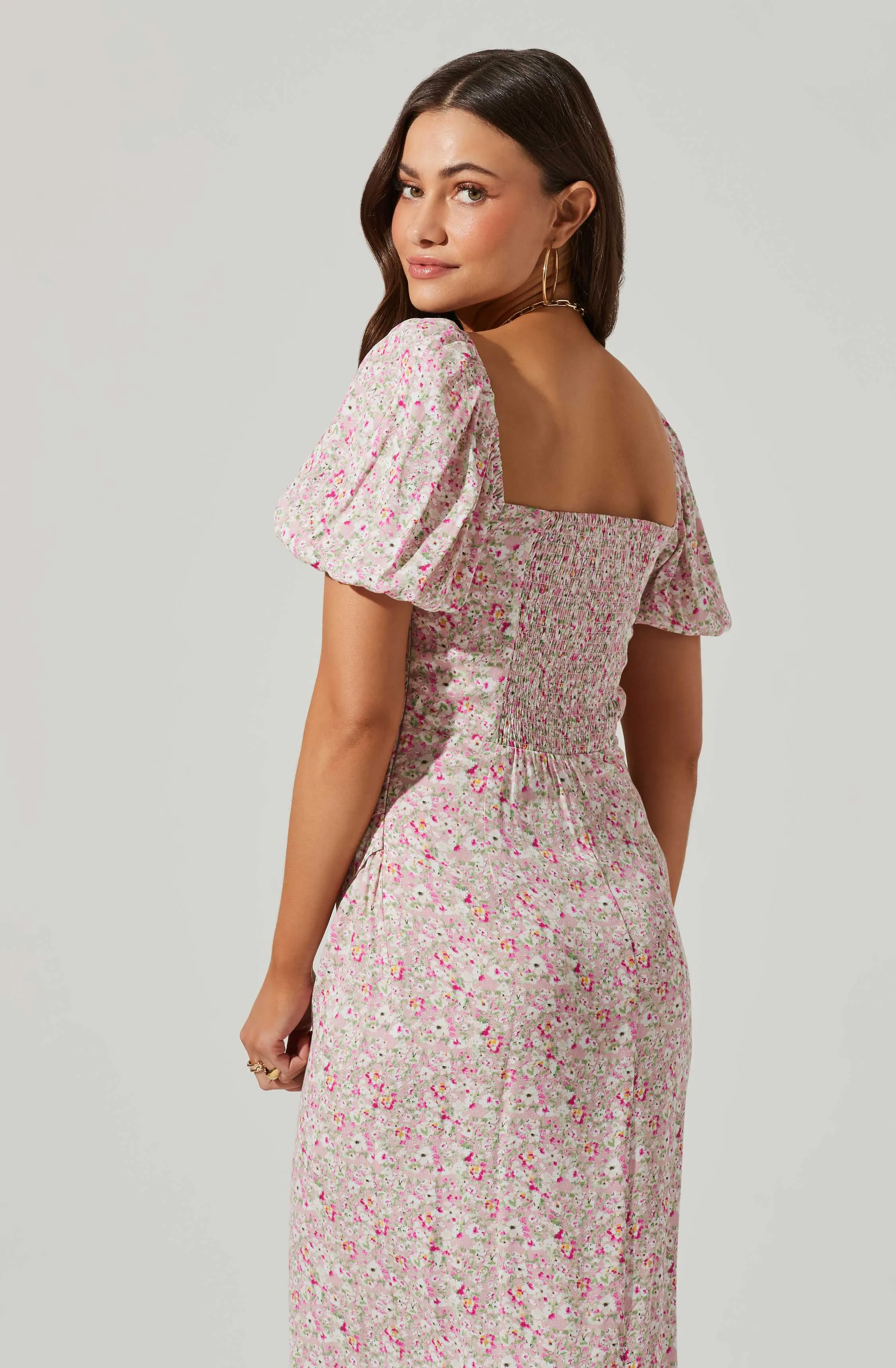 Floral Square Neck Slit Front Midi Dress