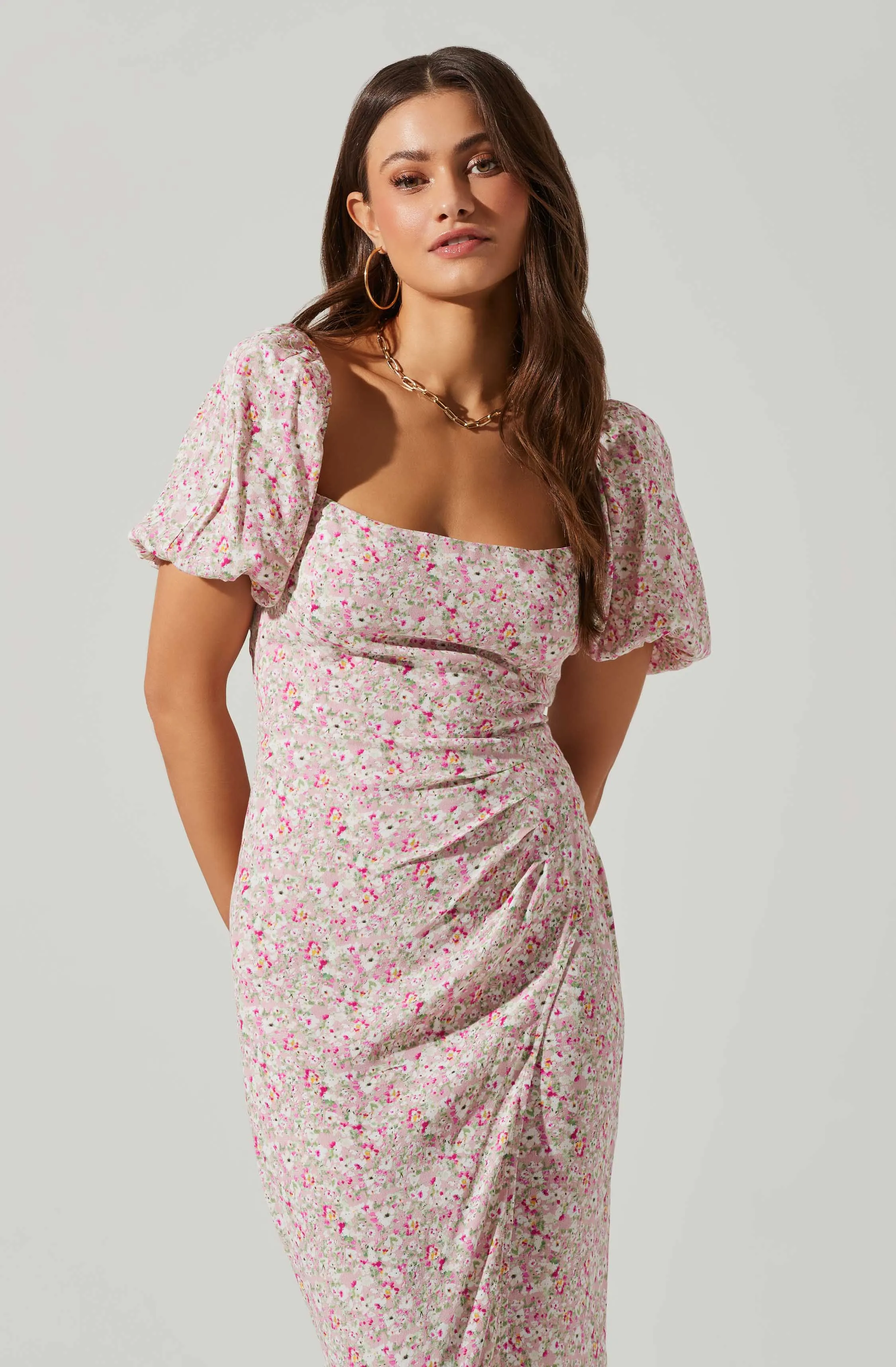 Floral Square Neck Slit Front Midi Dress