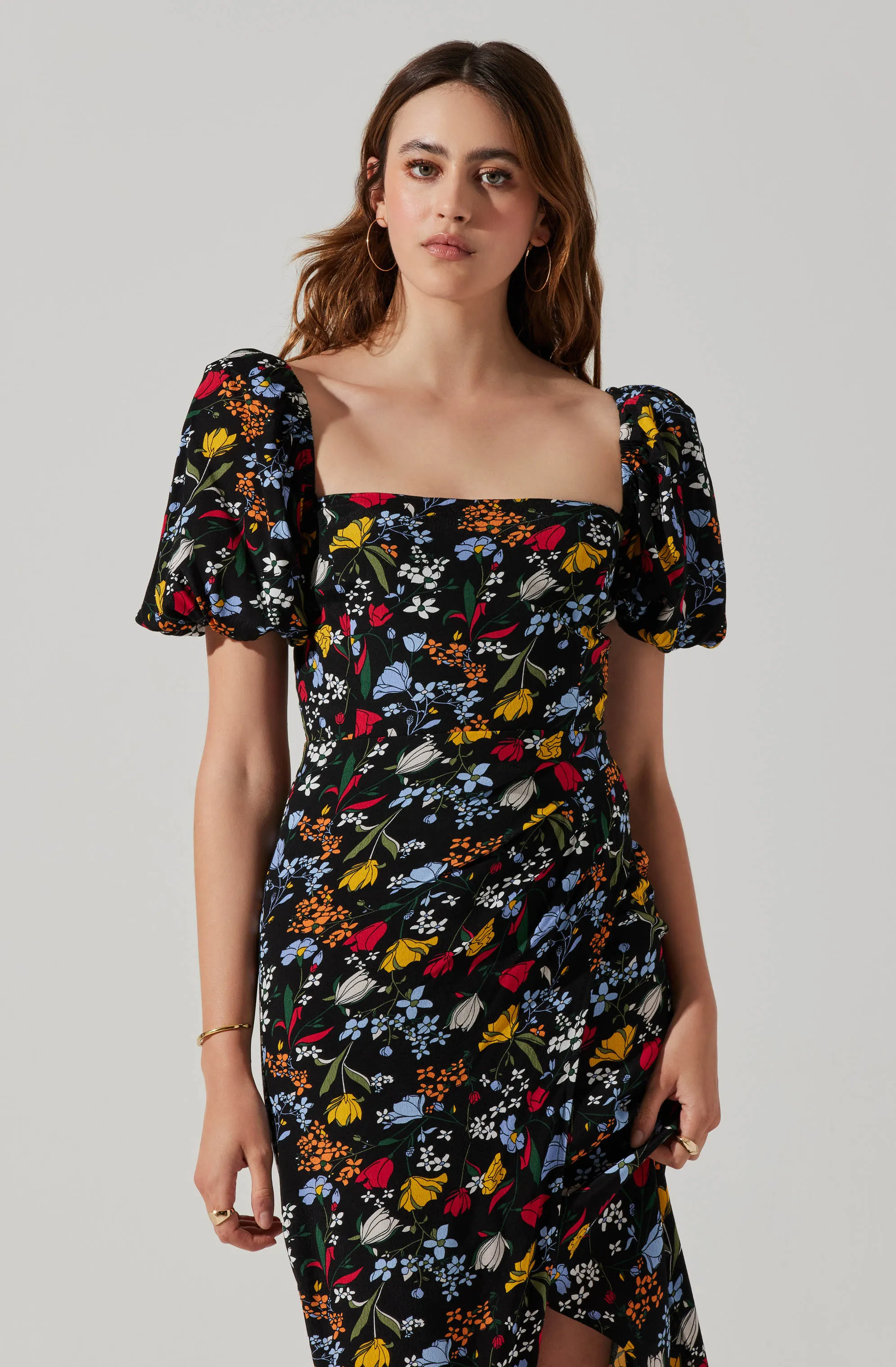 Floral Square Neck Slit Front Midi Dress