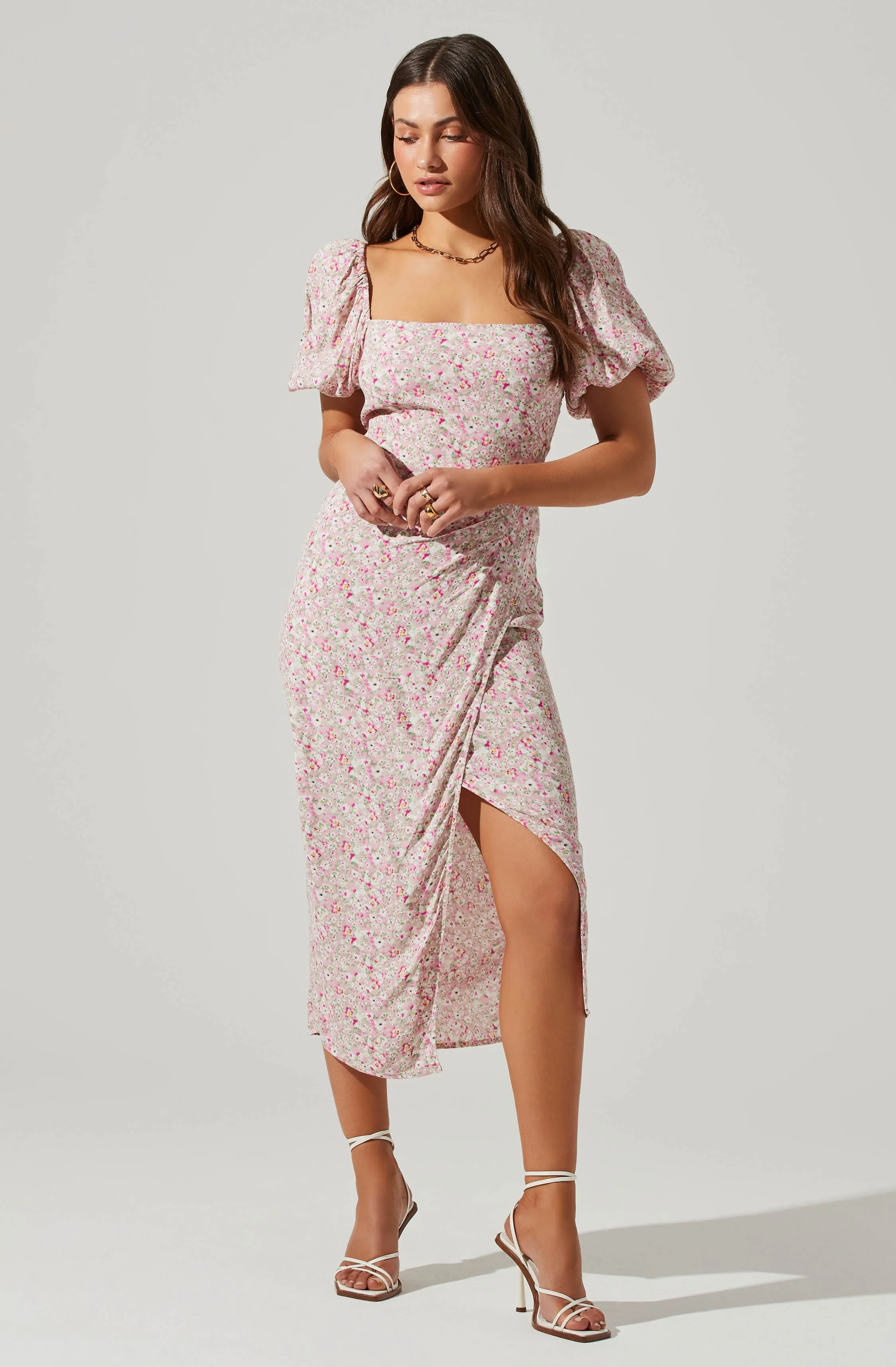 Floral Square Neck Slit Front Midi Dress