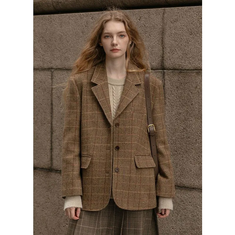 Flytonn-Fall Outfits Women Outwear Streetwear  fall outfits women Maillard Retro Brown Plaid Long-Sleeved Suit for Women 2024 Autumn and Winter New Loose Thick Coat