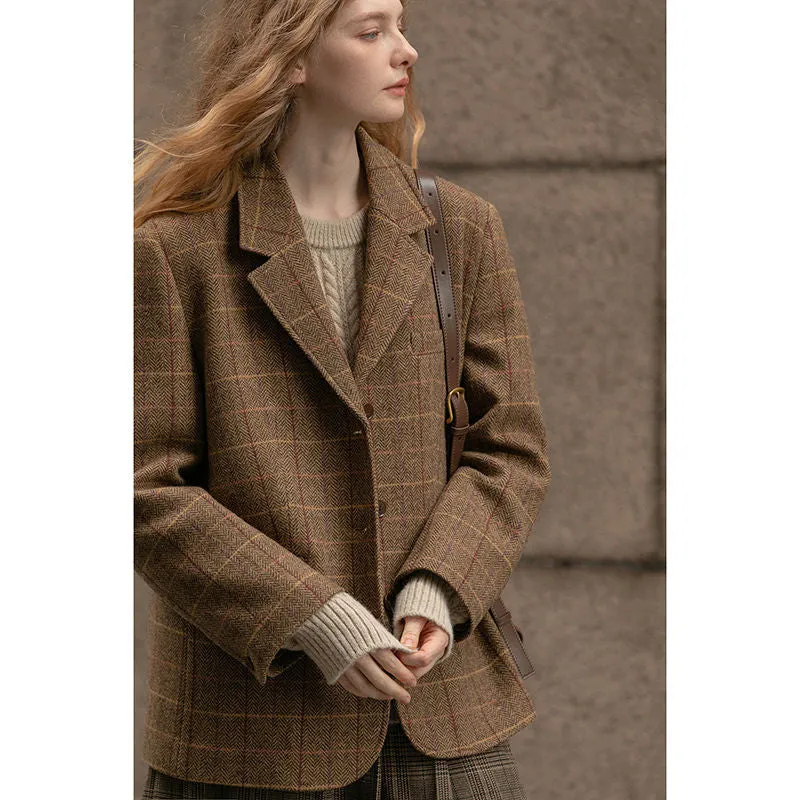 Flytonn-Fall Outfits Women Outwear Streetwear  fall outfits women Maillard Retro Brown Plaid Long-Sleeved Suit for Women 2024 Autumn and Winter New Loose Thick Coat