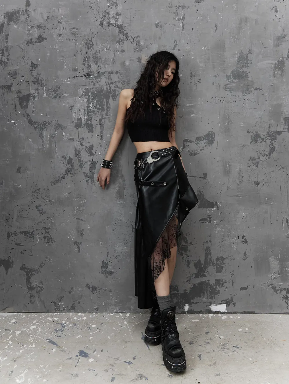 Frustration Garden Gothic Punk Asymmetrical Skirt - Black Faux Leather With Lace Trim And Chain